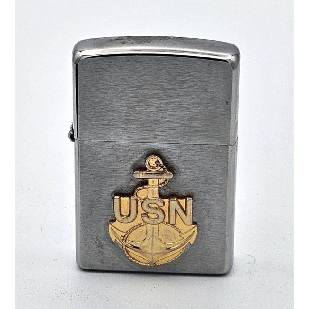 1991 Zippo Navy Anchor Emblem Lighter Brushed Chrome D VII w Box Vintage